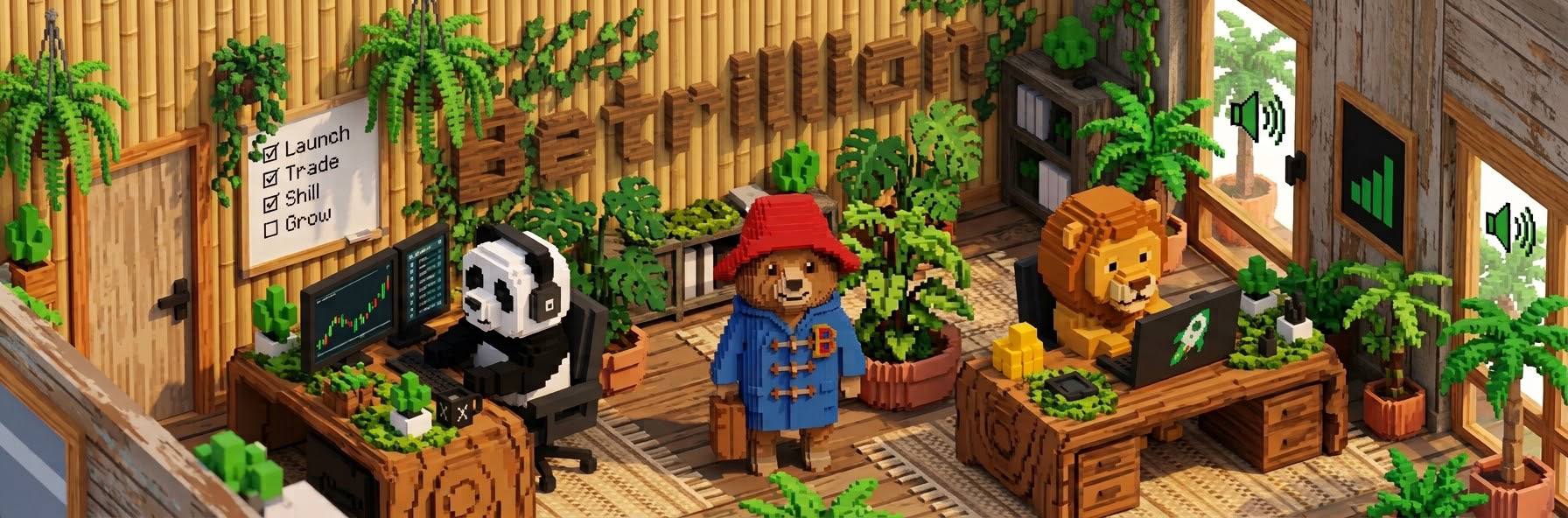 Bert's voxel jungle office: a panda trading at a desk, a lion at a laptop, and a whiteboard reading Launch, Trade, Shill, Grow