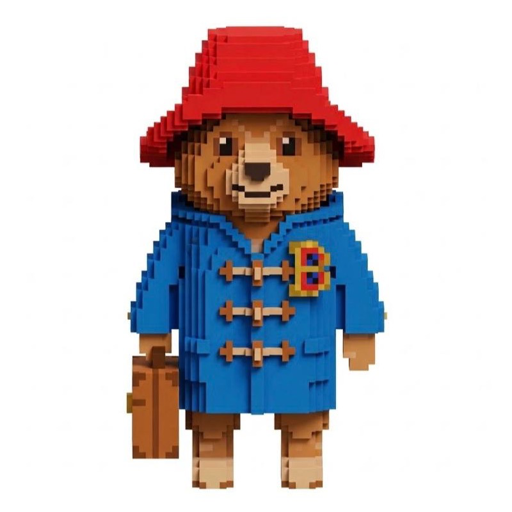 Bert, a voxel bear in a red hat and blue duffle coat, holding a suitcase